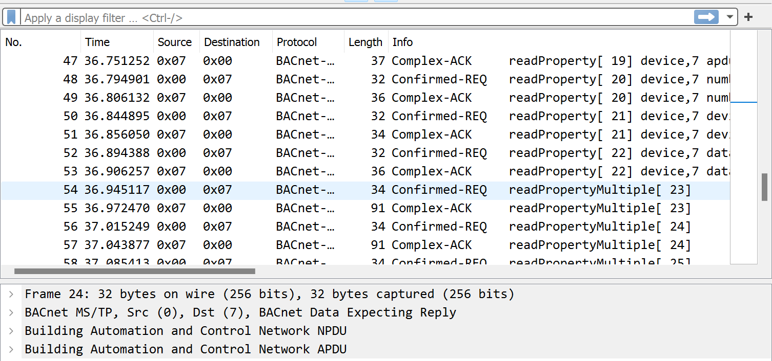 A Wireshark capture showing several Read-Property and Read-Property-Multiple requests along with their matching acknowledgements.